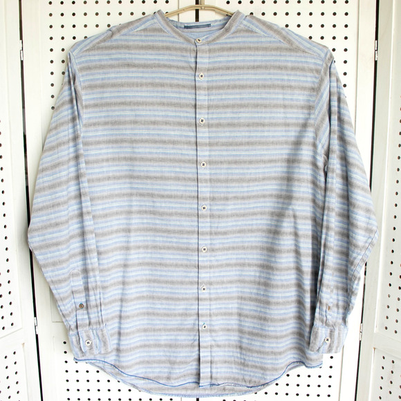 Caribbean Other - Caribbean Men SIZE XL Blue Linen Blend Stripe LS Button Up Shirt Band Collar